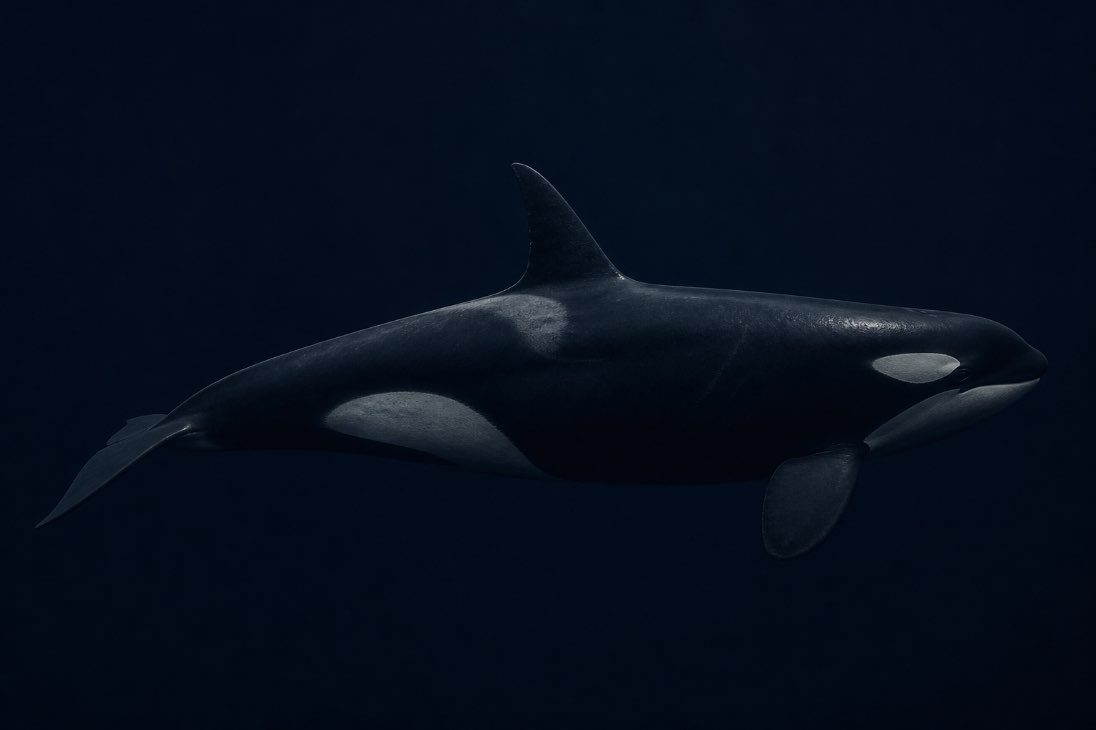 An orca, or killer whale, seen from the side in dark water showing its black-and-white markings and tall dorsal fin.